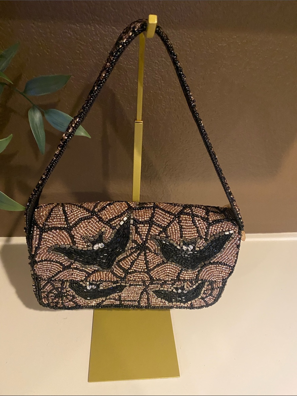 Halloween Beaded Bat Motif Shoulder Bag in Black and Rose Gold